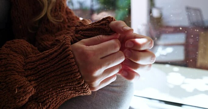 Hands, fingers and anxiety stress in home or adhd stimming as mental health psychology, depression or worry. Person, nails and suffering in living room or sadness mistake for tension, nervous or fear