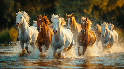 A group of brown and white horses running inside a shallow river
