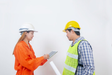 woman and man engineer on white background.