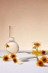 Over the light background, laboratory glassware containing liquid and oil extracted from Calendula...