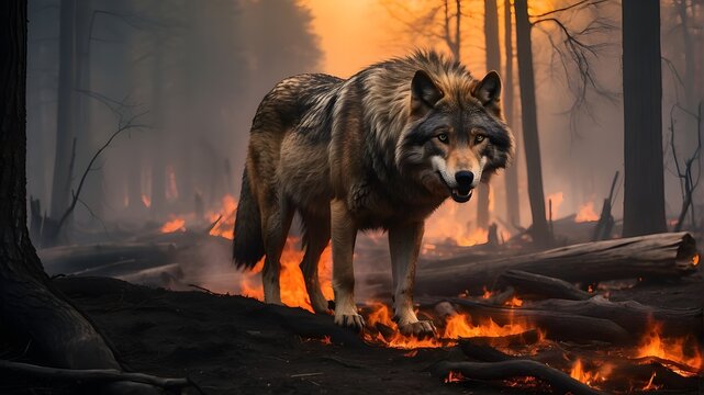 A wolf in the wild is ambling through a woodland that is on fire. Orange and yellow flames engulf the forest, casting an ominous glow. The wolf's fur is illuminated by the fiery hues as it cautiously 