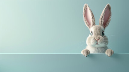 Digital artwork of an inquisitive rabbit gazing forward, with its paws over the edge against a cool blue background.