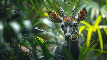 Obraz premium Close-up of a rare Okapi in a dense rainforest setting, highlighting the unique features of this lesser-known exotic mammal