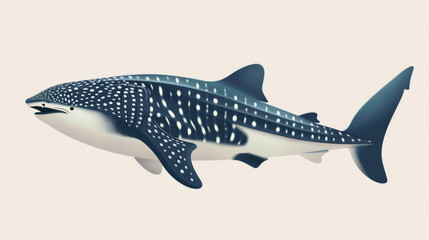 A digital illustration of a whale shark gliding gracefully, isolated on a clean white background.