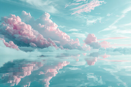 pink clouds in the sky, in the style of whimsical dreamscapes, hyper-realistic sci-fi, aquamarine, meticulously crafted scenes, reflections, photorealistic accuracy, seapunk