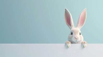 A cute white rabbit peeking over a ledge with curiosity, set against a soft blue background.