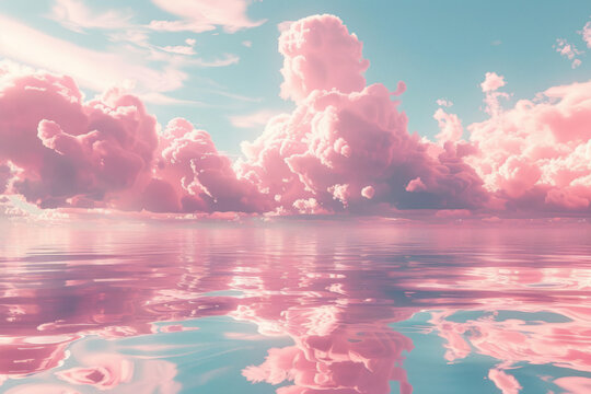 pink clouds in the sky, in the style of whimsical dreamscapes, hyper-realistic sci-fi, aquamarine, meticulously crafted scenes, reflections, photorealistic accuracy, seapunk