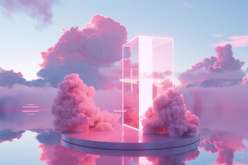 pink clouds in the sky In the style of hyper-realistic sci-fi fantasy, aquamarine, meticulously crafted scenes Minimal circular pedestal with prominent square neon accent lighting behind it. 
