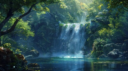 Fototapeta na wymiar waterfall in the woods painting