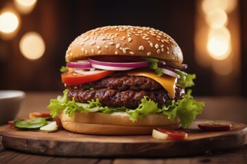 'delicious hamburger wooden table burger bar-b-q rustic closeup meal lettuce snack epicure salad dinner tasty french cheese rocket cookery background bread food american cheddar beef eatery homemade'