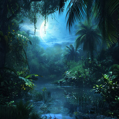 Fototapeta na wymiar Moonlit Tropical Jungle Scene