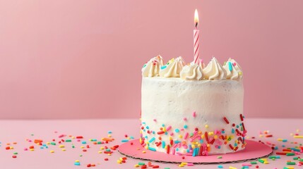 Seventh Birthday Cake with Candle on Pink Background