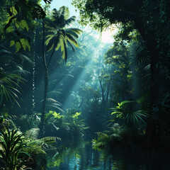 Enchanted Canopy: Sunlit Serenity in the Tropical Jungle - obrazy, fototapety, plakaty