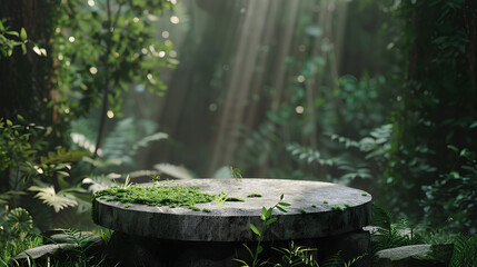 Obraz premium stone podium for product presentation in the jungle, ray tracing techniques, octane rendering engine, green leaves, misty light rays, high resolution image, highly detailed scene. Generative Ai