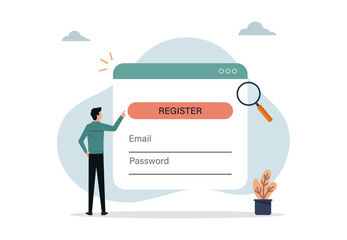 Online registration and sign up concept. A man signing up or login to online account with user interface