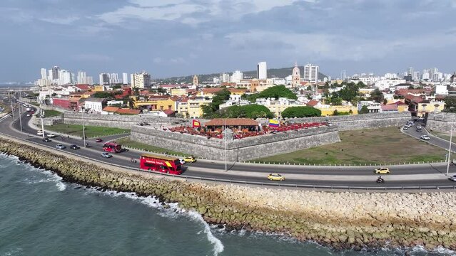 Cafe Del Mar At Cartagena De India In Bolivar Colombia. Caribbean Cityscape. Downtown Background. Cartagena De India At Bolivar Colombia. Tourism Landscape. Walled City Landmark.