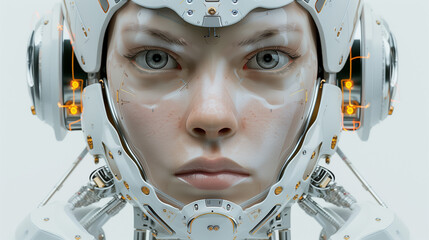 Cyborg woman's face, showcasing futuristic technology and artificial intelligence. Generative AI