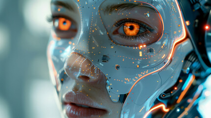 Humanoid woman's face, showcasing futuristic technology and artificial intelligence. Generative AI	