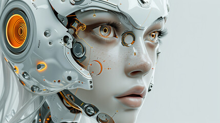 Cyborg woman's face, showcasing futuristic technology and artificial intelligence. Generative AI