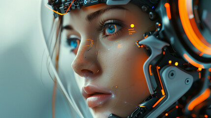 Humanoid woman's face, showcasing futuristic technology and artificial intelligence. Generative AI	