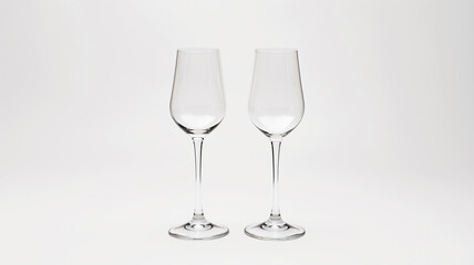 Two empty wine glasses on a white background, reflecting light elegantly.
