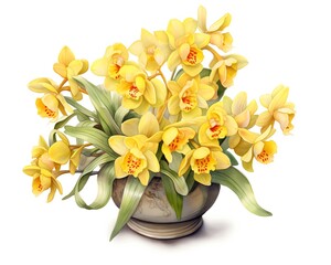 A bouquet of yellow orchids in a vase