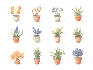 A set of watercolor illustrations of various potted plants.