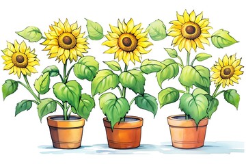 Three sunflowers in pots, cartoon, simple, bright colors