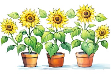 Obraz premium Three sunflowers in pots, cartoon, simple, bright colors