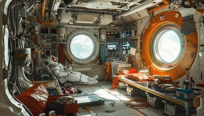 Space Station Life, Illustrate the daily routines of astronauts living and working aboard a space station in zero gravity