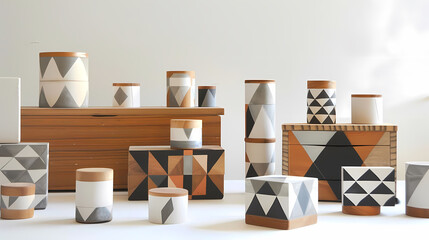 geometric patterned product catalogs displayed on a white floor against a white wall
