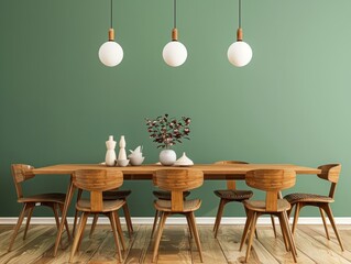 Chic dining area with a hint of mid-century charm, presenting a simple wooden table and chairs against a serene green Scandinavian wall 