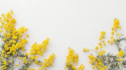 An aerial perspective showcasing vibrant yellow mimosa blossoms against a crisp white backdrop This stock image offers ample room for text placement
