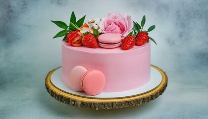 Berry Bliss: Pink Cake Extravaganza with Macaron and Floral Delights