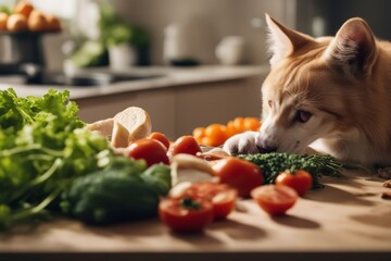 veggies dog choosing cat food together choice chicken pet animal nourishment table ravenous...
