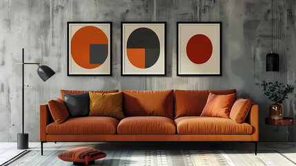 geometric patterned wall art adorns a cozy living room featuring a brown couch adorned with orange