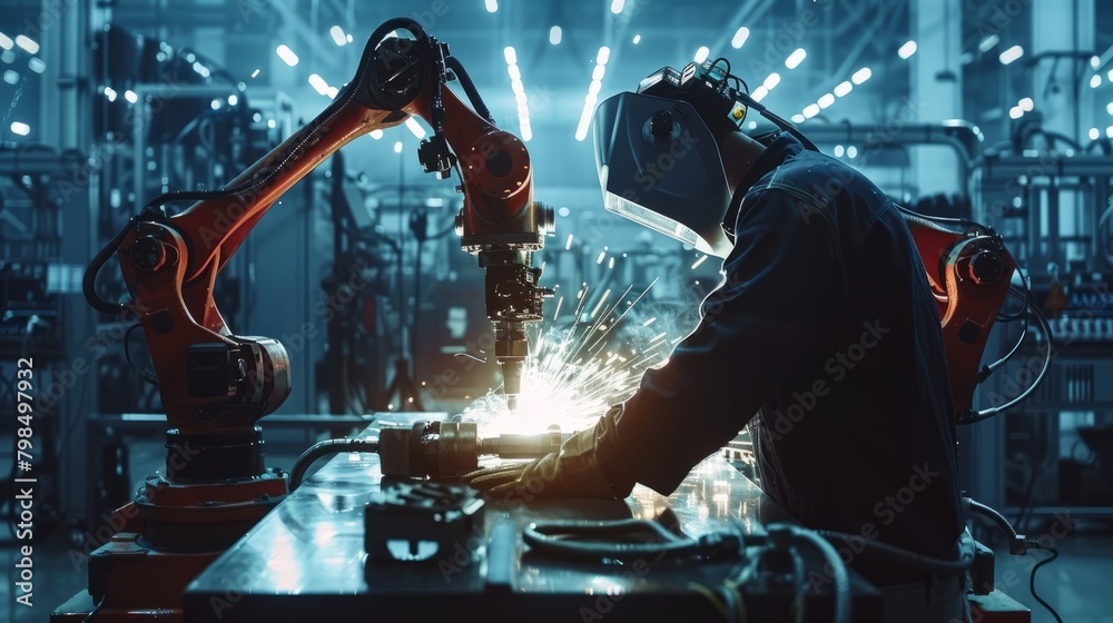 Poster engineer check and control welding robotics automatic arms machine in factory automotive industrial.