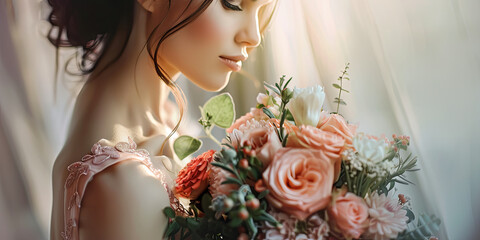 beautiful bride holding a wedding bouquet of flowers, generative AI