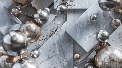 A dynamic banner design with geometric elements in silver and marble, enhanced by shimmering bronze details.