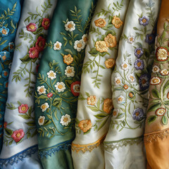 Beautiful embroidered silk fabrics with floral patterns in different colors-Enhanced