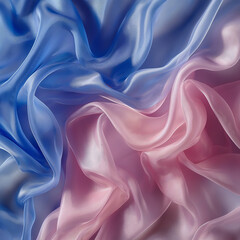 Blue and pink silk fabric, draped in soft folds, creating an ethereal background-Enhanced