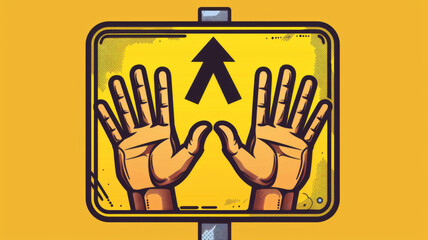 Pedestrian crossing road sign featuring two hand silhouettes with a directional arrow on a vibrant yellow background.