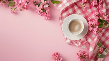 Obraz na płótnie Canvas Delve into a cozy Valentine s Day ambiance with a charming setup of pink flowers a checkered pattern and a delightful cup of coffee resting on a soft pink backdrop This composition captures