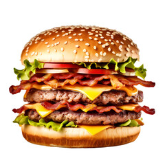 Beef burger, tasty hamburger with onion and tomato on a transparent background