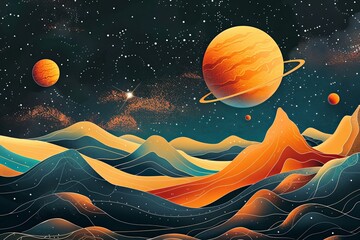 Artistic representation of a starry sky with stylized planetary bodies hovering over surreal desert dunes in rich colors.