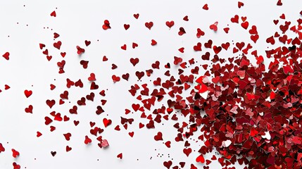 Celebrate Valentine s Day with red heart shaped confetti scattered on a crisp white background