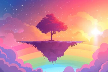 A simple animated illustration featuring a solitary tree on a floating landmass beneath a colorful arc of light in the sky. - obrazy, fototapety, plakaty