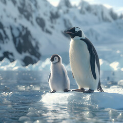 Fototapeta premium Adorable Penguins on Iceberg in the Antarctic Landscape