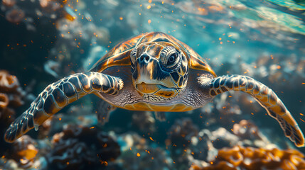 Encounter with a Graceful Sea Turtle in Sunlit Ocean Depths