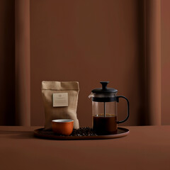 Fototapeta premium A minimalist floating basket with whole coffee beans, a French press, and a ceramic mug, set against a rich, dark brown background, reflecting the elegance of coffee culture. 